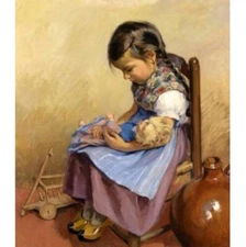 Larger Oil painting nice little girl with her favourite doll Hand painted canvas