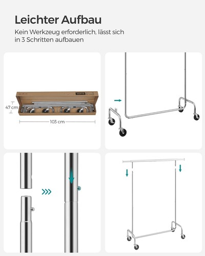 Garderobenständer Kleiderständer schwerlast mit Rollen Metall ausziehbar HSRE011 - Bild 7 von 8