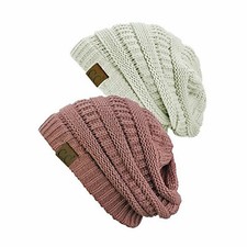 Trendy Warm Chunky Soft Stretch Cable Knit Beanie Hat Skully 2 Pack Ivory/Mauve