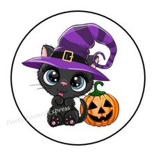 30 CUTE HALLOWEEN CAT WITCH ENVELOPE SEALS LABELS PARTY FAVORS STICKERS 1.5"