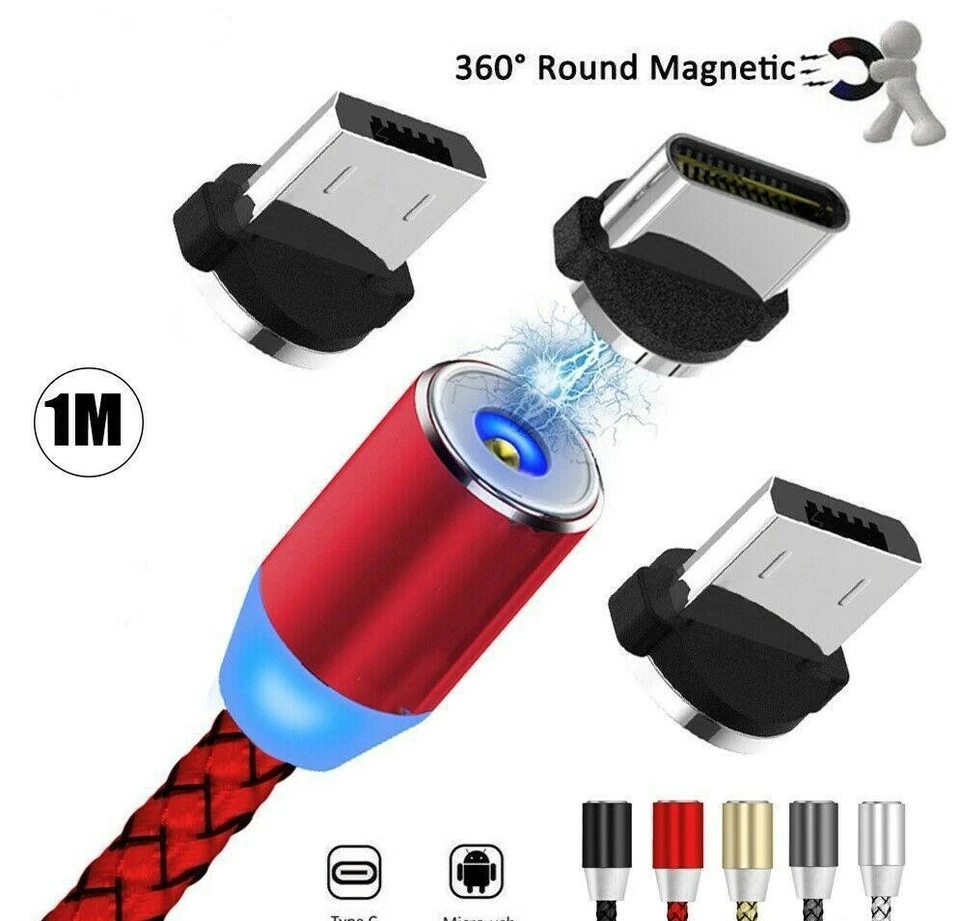Cable de Carga Magnético LED USB 360° Redondo Micro USB, USB Tipo C y iPhone Foto 2 de 4