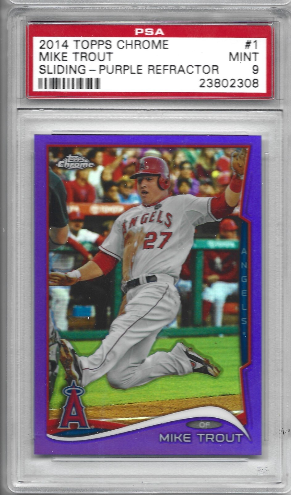 2014 Topps Chrome #1 Mike Trout PURPLE REFRACTOR PSA 9 MINT Sliding