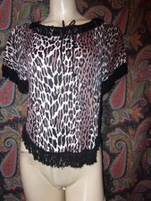 Vintage 60-70s FARIS "TREASURE" From California Leopard Print Nylon Fringe Top M