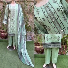 Pakistani Light Green Printed Straight Shirt 3-PCS Lawn Suit w/ Thread work ,XL