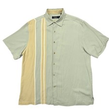 Nat Nast 100 Silk Bowling Shirt Mens L Sage Green Beige Asymmetrical Panel