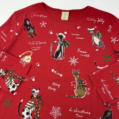 Jess & Jane Meow Cats Christmas Holiday 3/4 Sleeve Top Red Size XL
