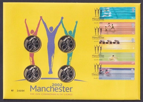 GB £2 x4 Coin Stamps Cover 2002 Manchester The XVII Commonwealth Games FDC, VF