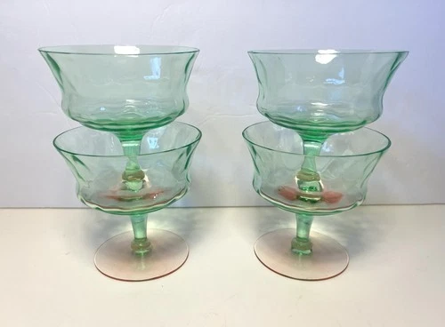 RARE 4 Vtg Tiffin uranium Depression Glass dessert cups green watermelon footed