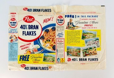 Vintage 1950s Post 40% Bran Flakes Cereal Box Wax Paper Wrap GRANDMA MOSES PRINT