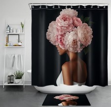 Pink Floral Fashion Women Black Girl Shower Curtain Set for Bathroom Decor