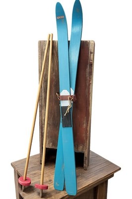 Vintage Withington Wooden Children s Skis w/ Poles - Rustic Lodge Decor Blue ME