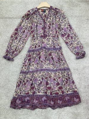 Vintage Phool indisches Seiden Midikleid Hand Block Print Gr. S/M Boho Hippie 70 s