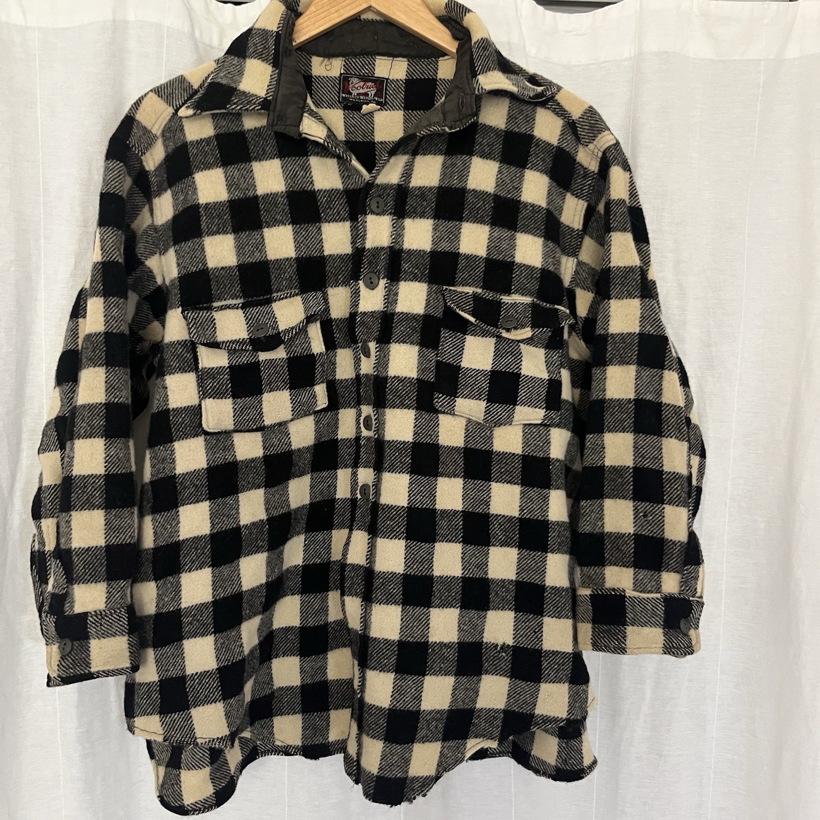 Woolrich, Vintage Woolrich Wool Shirt Jacket Buffalo Plaid 30s 40s Black Check Medium