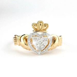 Authentic 2Ct Round Lab-Created Diamond Heart Claddagh Wedding Ring 14K Yellow Gold Plated