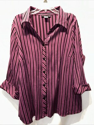 Gloria Lance Woman 3x Button Up Blouse Black and Purple Stripe 3/4 Sleeve Career