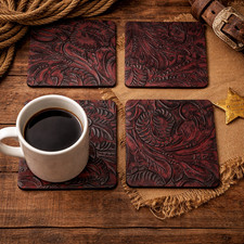 Handmade Western Embossed Leather Coaster Set of 4 Rustic Ranch Farmhouse Decor