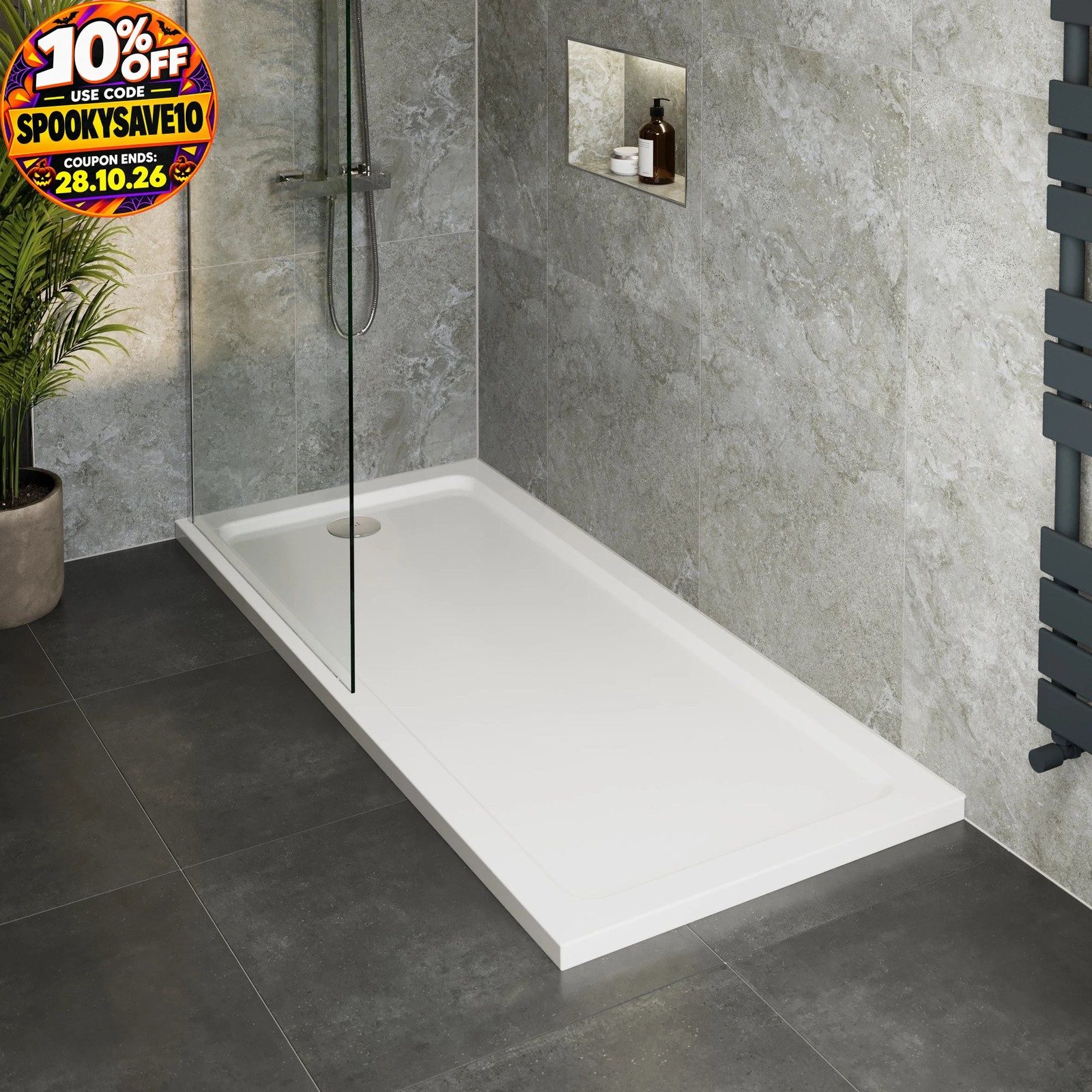 Modern Rectangular Shower Tray 1700x700mm Low Profile Lightweight White Waste