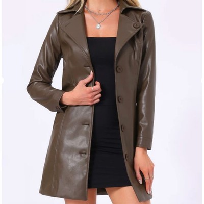 Allegra K NWT Brown Faux Leather Notched Lapel Collar Button Down Jacket Sz S