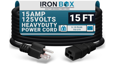 IronBox Heavy Duty 15A 125V Power Cord 5-15P to C19, 15ft SJT Jacket Black
