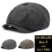 Tweed Peaky Blinders Hat Newsboy Flat Cap, Driver, Herringbone Wool Baker Boy