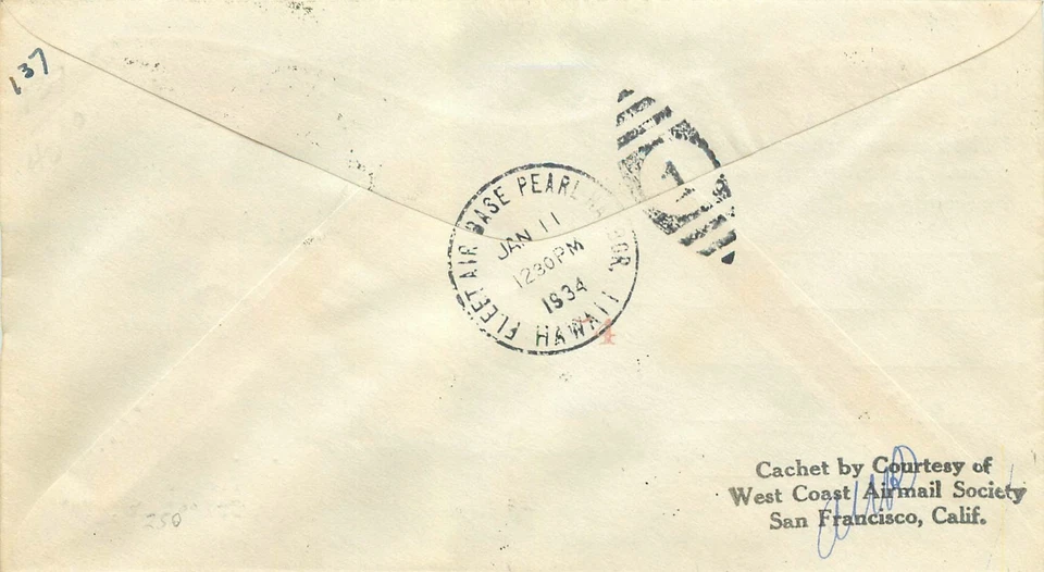 PILOT SIGNED US NAVY SQUADRON 10 FLEET AIRBASE PEARL HARBOR HAWAII, 2150Mi, 1934 - Image 2 of 2