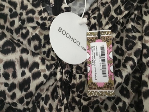Ladies Boohoo Petite Leopard Volume Sleeve Ruched Mini Dress - Brown - Size UK 8 - Picture 3 of 5