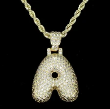 Bubble Letter A to Z Alphabet Cz Iced Pendant 14k Gold Plated + Rope Necklace