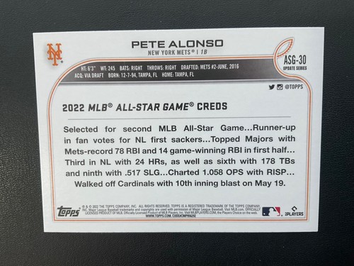Pete Alonso 2022 Topps Update Series All Star Insert ASG-30 - Picture 2 of 2