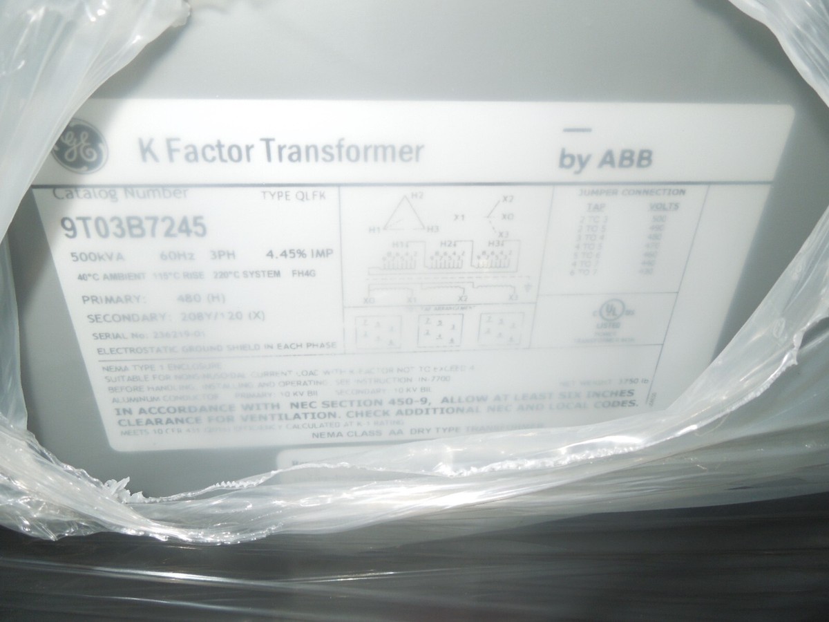 GE by ABB 9T03B7245 500KVA 480-208Y/120V 3PH Dry Type Transformer