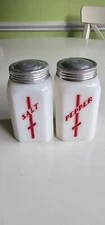 McKee Large Red Stylized Cross Salt Pepper Range Shakers Milk Glass