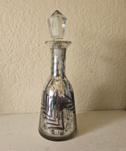 Vintage MCM Retro Silver Mercury Glass Decanter Vase Etched Glass Stopper 7" - Afbeelding 1 van 5