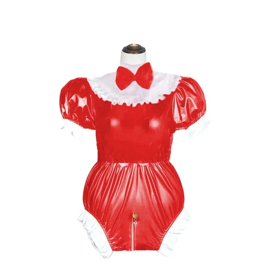 Body de mucama con moño para hombre Sissy Lockbale mamelucos Wetlook PVC traje de gato leotardo exótico Foto 4 de 4