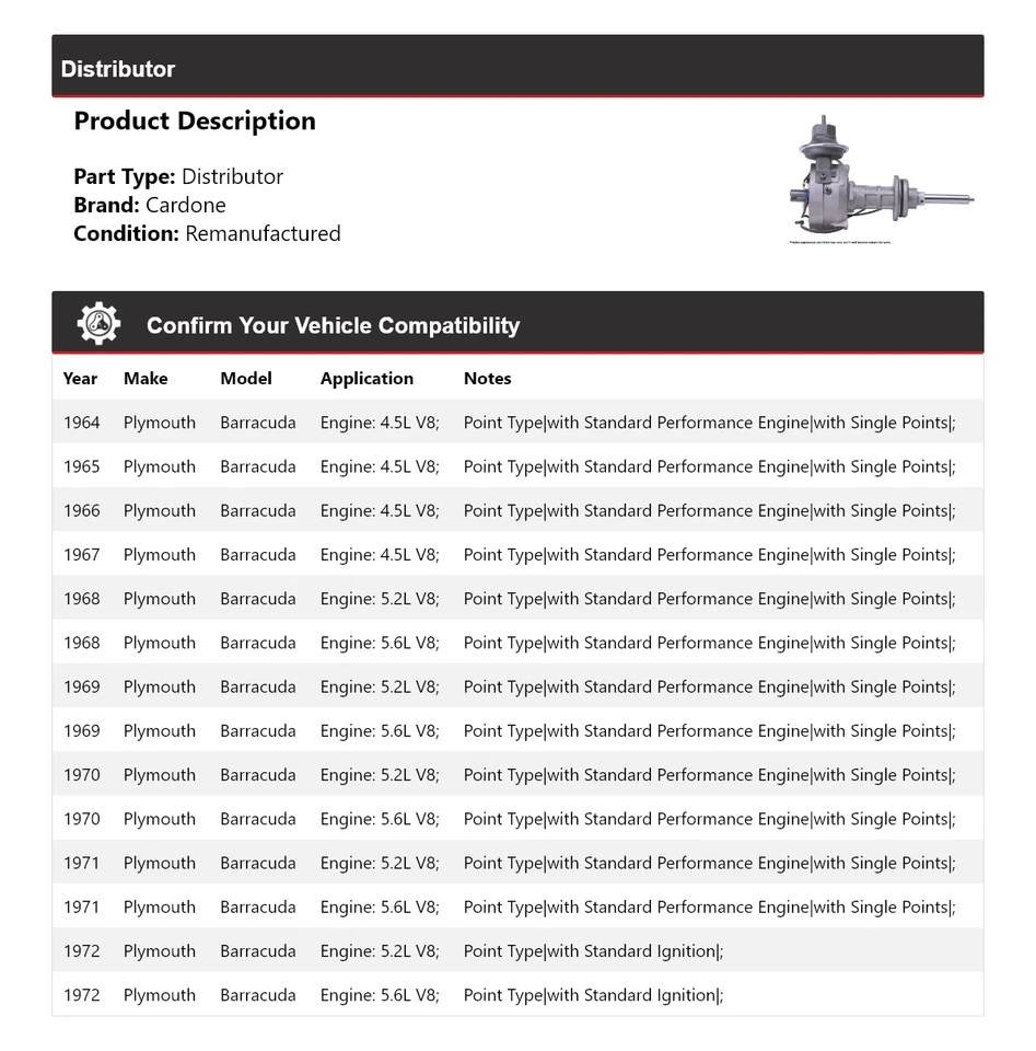 Para 1964-1972 Plymouth Barracuda Distribuidor Cardone 1965 1966 1967 1968 1969 Foto 2 de 4