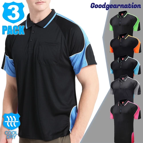 3 Pack Mens Work Polo Shirts Short Sleeve Chest Pocket Cool Dry Uniform