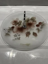 Viking Glass Tidbit Tray USA Vintage Frosted Raspberry Floral Handled Dish