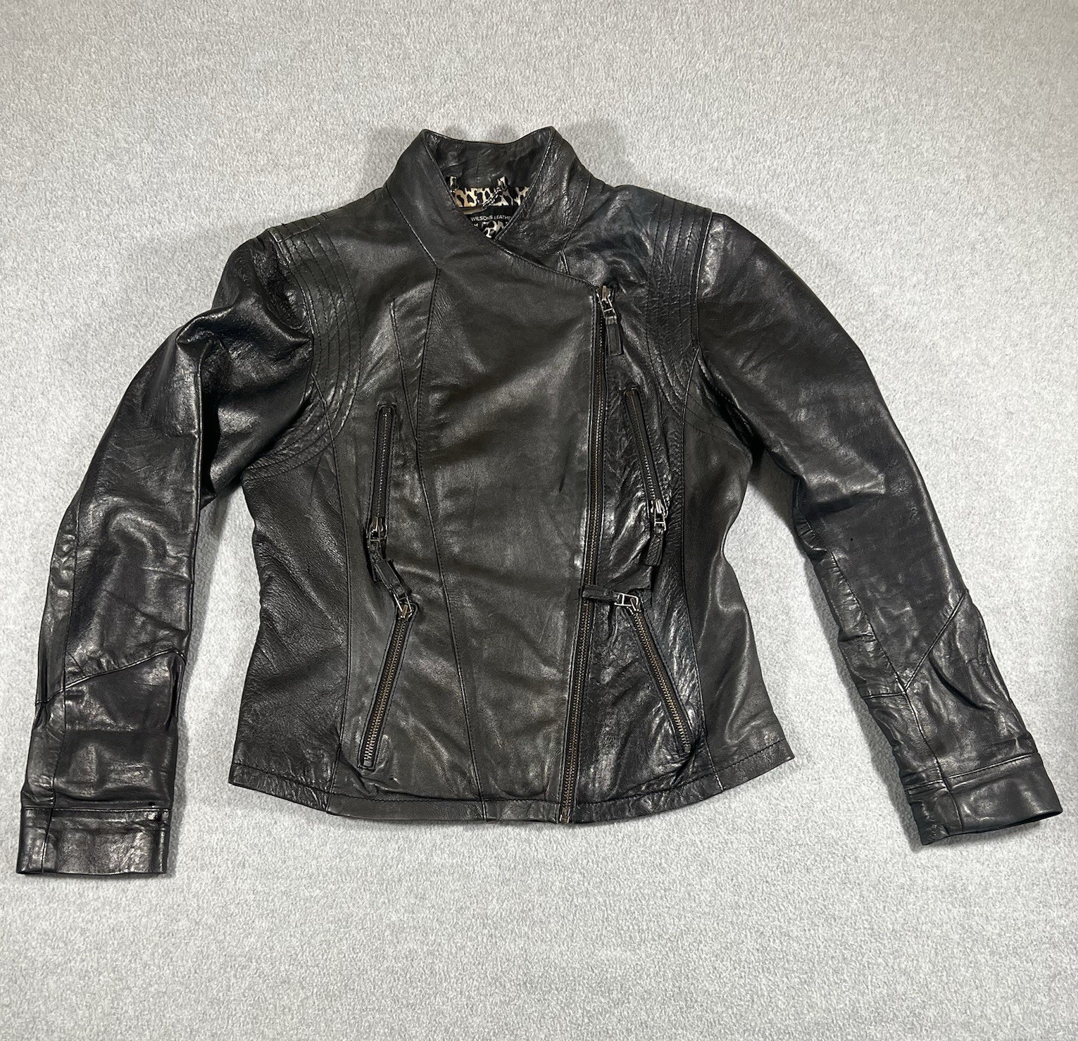 Wilsons Leather Moto Jacket Womens M Black Genuine Leather Leopard Lined Y2K