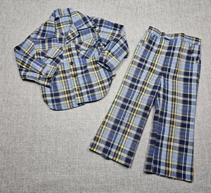VINTAGE Jack Tar Shirt Pants Set Boys 3T Blue Plaid Flannel Outfit 60s 70s