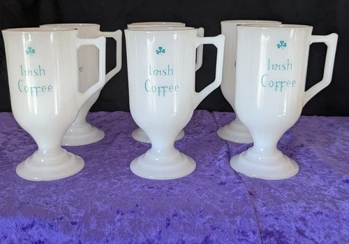 Set of Six Irish Coffee Cups with Handle Milk Glass with Gilded Rim Vintage