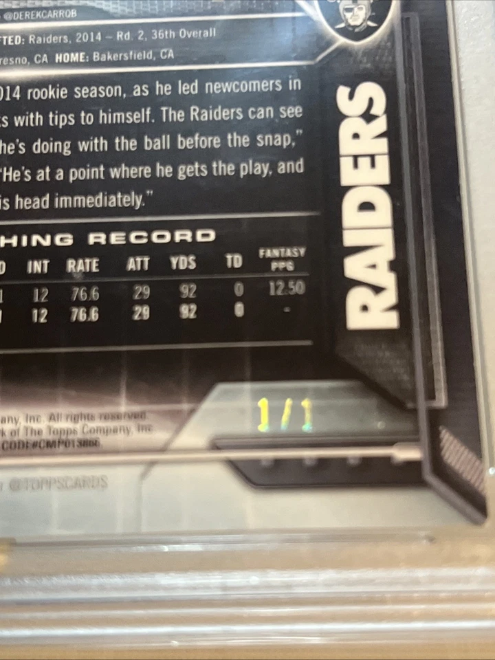 2015 Topps Chrome - Derek Carr #190 (1/1) RARE - Image 3 of 3