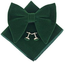Mens Pre-Tied Bow Tie Tuxedo Oversized Velvet Bowtie Cufflinks Hankie Green