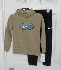 NWT 2pc Nike Beige Gray Black Swoosh Hooded Sweatshirt  Black Joggers sz 6