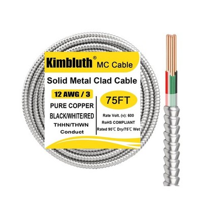 12/3 Metal Clad (MC) Cable with Ground 75ft, 12 Gauge Electric Wire with Alum...