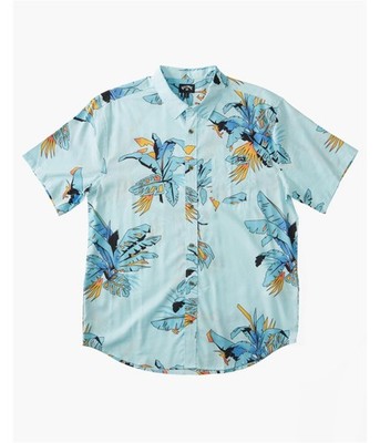 Billabong Mens slightly rounded hem Button Up Shirt, blue, S Neck
