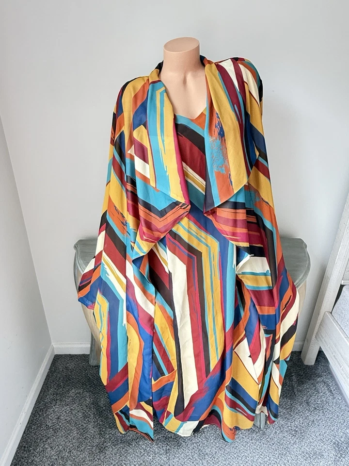 Ashro Layered Maxi Dress 22w 3x Multi Chiffon Jacket Duster Set Outfit Colorful - Image 3 of 4