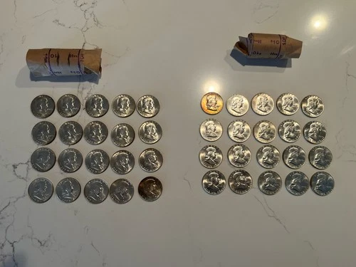 2 rolls of 1963 Ben Franklin half dollars - 40 coins - 90% silver Uncirculated?