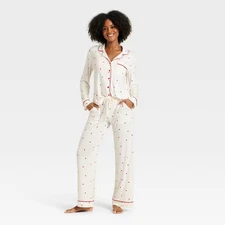 Women's Cloud Knit Modal Long Sleeve Notch Collar Top and Pants Pajama