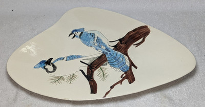 Vintage MCM Asymmetrical Ceramic Hand Painted Blue Jays Triangle Birds Wire Hang
