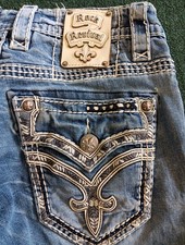 Rock Revival Mikael Slim Boot Cut Jean Size 30 Medium Wash Distressed 31" Inseam