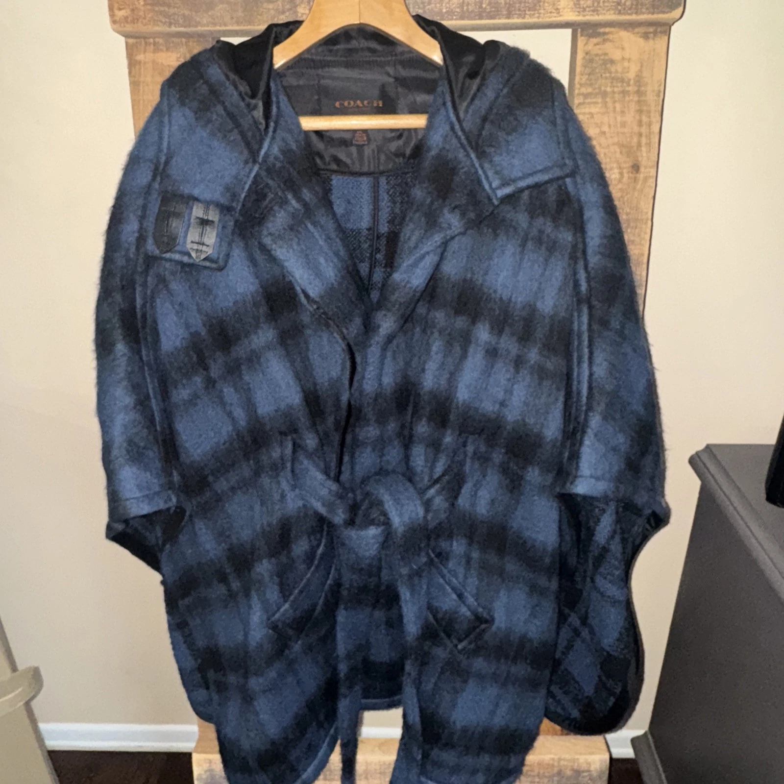 COACH Cape Womens M/L Blue Black Plaid Hooded Wool Alpaca Leather Trim Poncho