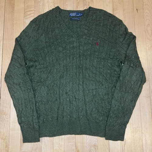 Vintage Polo Ralph Lauren Tussah Silk Sweater Cable Knit V Neck Mens XL Green - Image 1